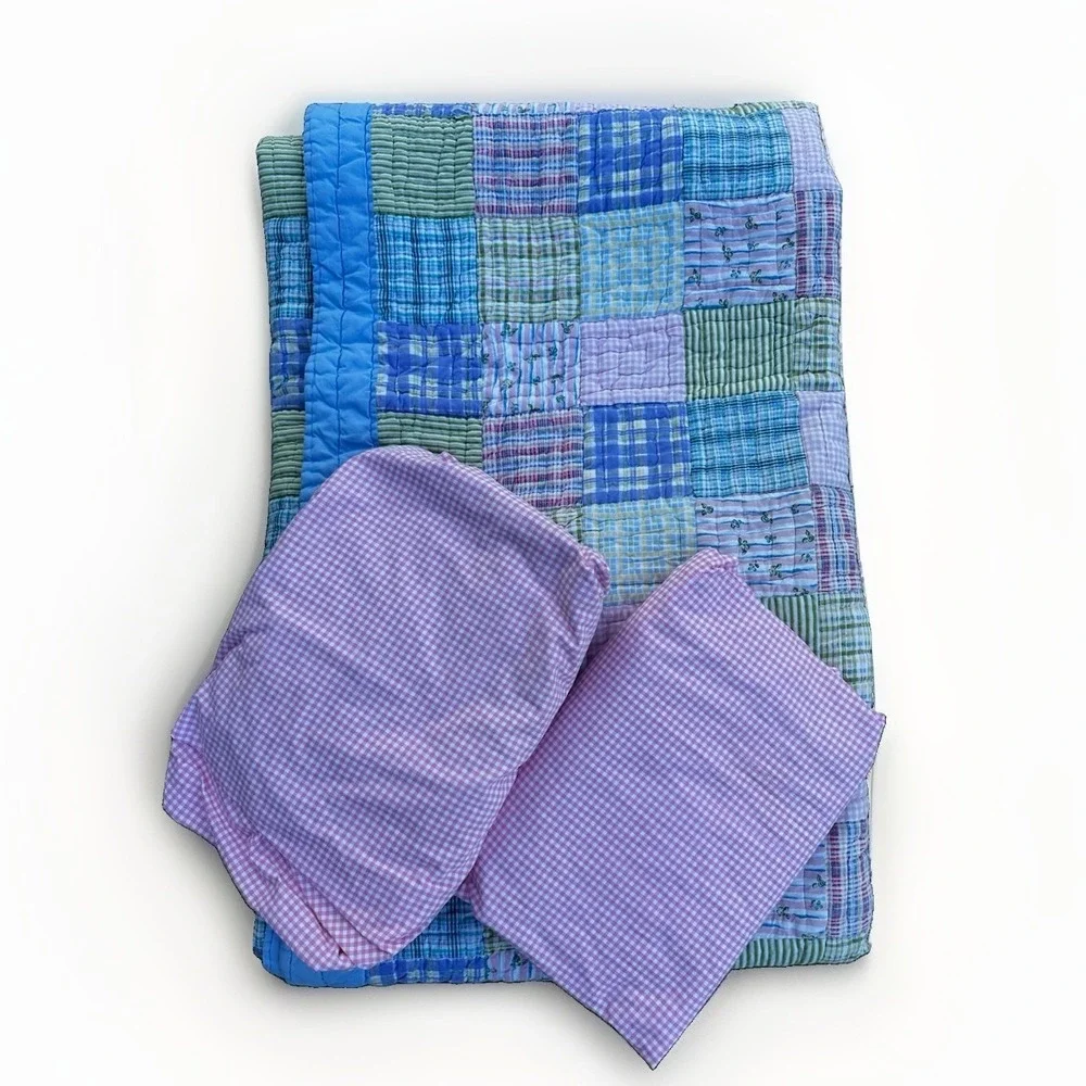 Cozy Line Plaid Patchwork Quilt Set FULL - Cotton Country Cottage Grannycore EUC